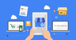 Illustration of Google My Business integration showing connectivity between a business profile, e-commerce, email, and local search.