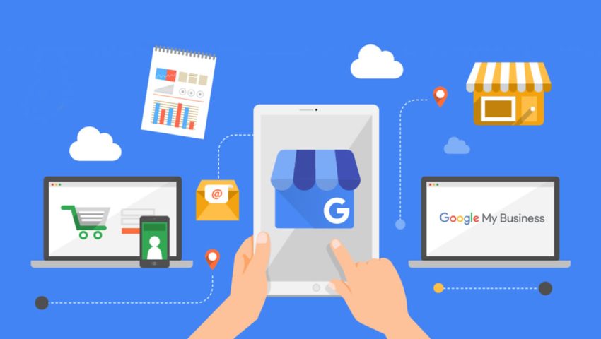 Illustration of Google My Business integration showing connectivity between a business profile, e-commerce, email, and local search.